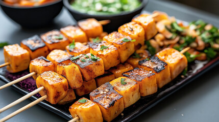 Close-up of grilled paneer skewers on a plate with garnish, accompanied by a bowl of green chutney and vegetables in a black bowl in the background