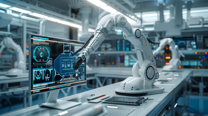 white futuristic digital laboratory interior in semiconductor manufacturing factory with machine, computer screen and robotic arms
