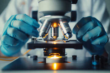 Close-Up of Scientist Using Microscope for Medical Research and Testing in Laboratory. Generative AI
