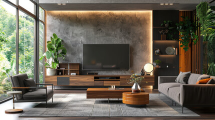 Fototapeta premium Modern living room interior with tv on wood cabinet