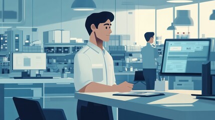 Automated work environments illustrated with smart systems that streamline workflows, from scheduling to inventory management, illustrations