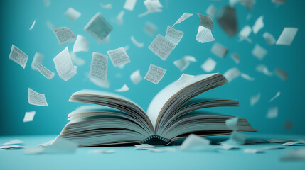Open Book with Flying Pages on Blue Background