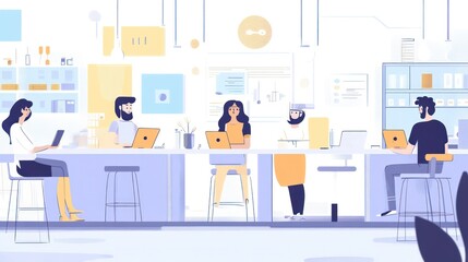 Automated workplaces illustrated as a seamless blend of human and machine collaboration, reducing manual labor and boosting efficiency, illustrations