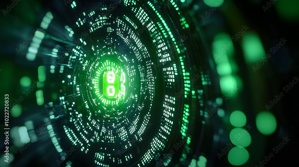 Poster a zoomed-in image of a computer monitor with a glowing green light at its center and numerical data 