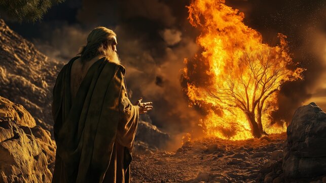 Ultra-realistic scene of Moses standing before a burning bush in the wilderness