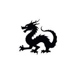 A black silhouette of a Chinese dragon with a long serpentine body, horns, and claws