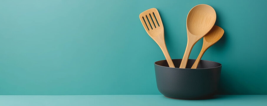 Wooden kitchen utensils in a black bowl on a teal background.