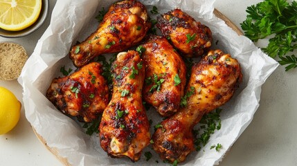 Close up of a plate of roasted chicken drumsticks with parsley and lemons.