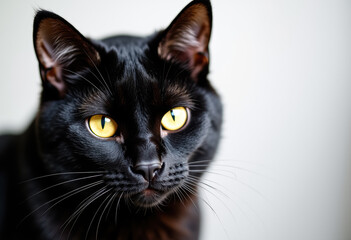 Obraz premium A focused black cat with bright yellow eyes and white whiskers on a simple background