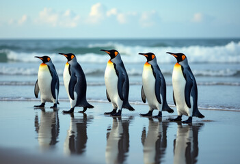 Obraz premium A group of penguins walking on a beach