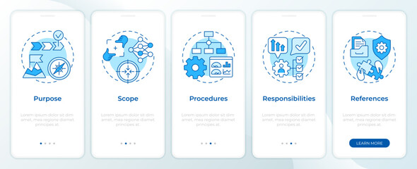 Components of sop blue onboarding mobile app screen. Walkthrough 5 steps editable graphic instructions with linear concepts. UI, UX, GUI template. Montserrat SemiBold, Regular fonts used