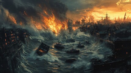 A city engulfed in flames, ravaged by a massive storm, with ships tossed about in the violent waves, while a lone figure stands on a wave, defying the chaos.
