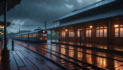 Obraz premium Anime Train Station raining
