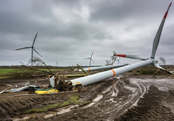 Wind energy challenges: fallen turbine scene in overcast weather