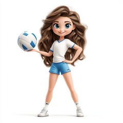 Cheerful Cartoon Girl Holding a Volleyball
