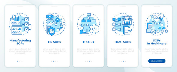 SOP practices blue onboarding mobile app screen. Walkthrough 5 steps editable graphic instructions with linear concepts. UI, UX, GUI template. Montserrat SemiBold, Regular fonts used