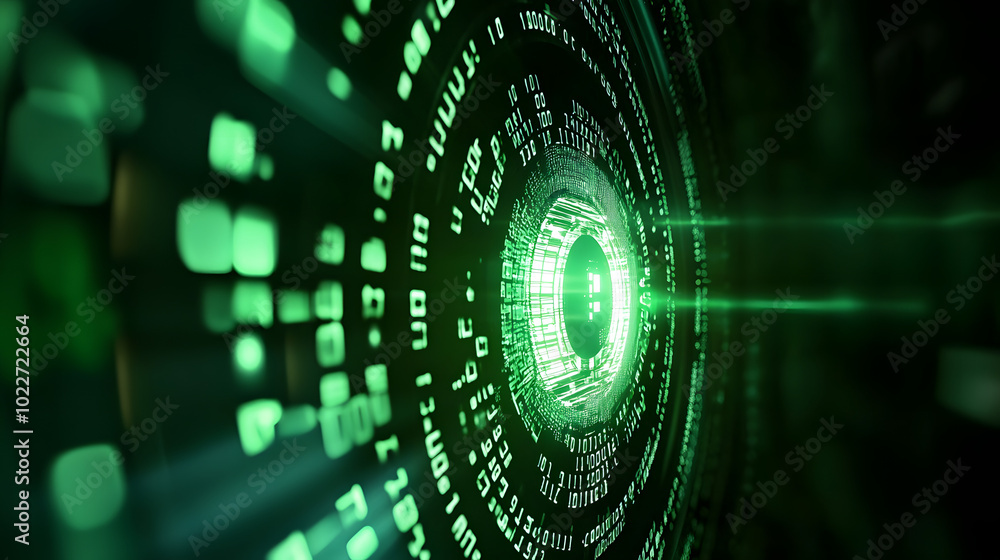 Poster a zoomed-in image of a computer monitor with a glowing green light at its center and numerical data 