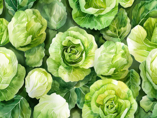 Fototapeta premium Watercolor pattern cabbage, and leaves for vibrant and summery design