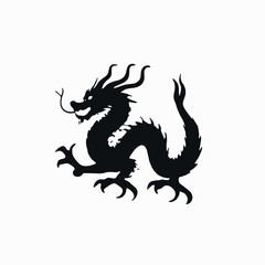 A black silhouette of a Chinese dragon with a long serpentine body, horns, and claws