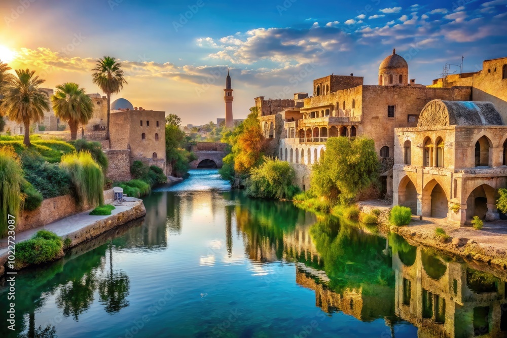 Poster scenic view of dayr al-zawr with river and traditional architecture in the background of syria