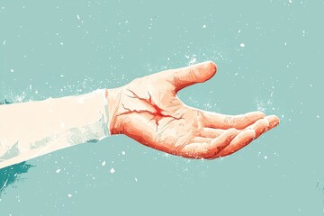 Fototapeta premium A human hand with a visible crack, symbolizing vulnerability and strength, against a light blue background