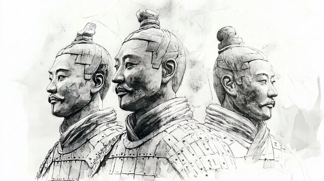 Three Terracotta Army warriors in black and white watercolor illustration.