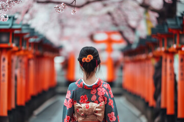 Fototapeta premium Japanese Woman in Traditional Kimono Admiring Cherry Blossoms. View from behind. Generative AI