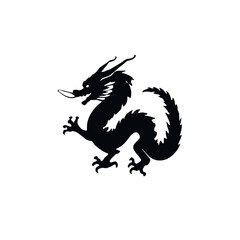 A black silhouette of a Chinese dragon with a long serpentine body, horns, and claws