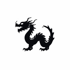 A black silhouette of a Chinese dragon with a long serpentine body, horns, and claws