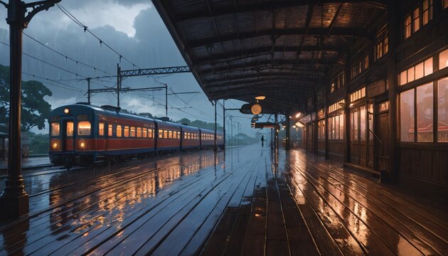 Anime Train Station raining
