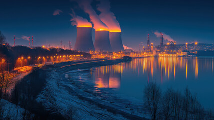 Fototapeta premium Night shot of a large nuclear power plant close to a river with blue night sky.