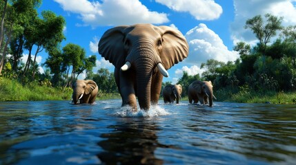 Fototapeta premium Majestic Elephants Walking Through Calm Water