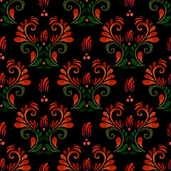 Folk style. Watercolor seamless pattern on a dark background. Textile, fabrics, wallpaper, wrapping paper, textures.