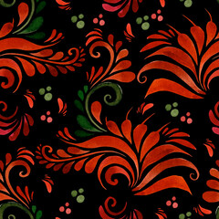 Folk style. Watercolor seamless pattern on a dark background. Textile, fabrics, wallpaper, wrapping paper, textures.