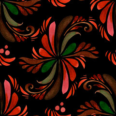 Folk style. Watercolor seamless pattern on a dark background. Textile, fabrics, wallpaper, wrapping paper, textures.