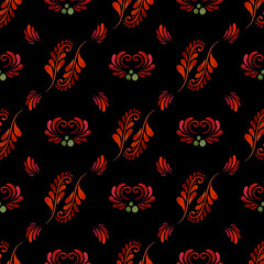 Folk style. Watercolor seamless pattern on a dark background. Textile, fabrics, wallpaper, wrapping paper, textures.