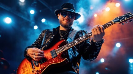Obraz premium Energetic Musician Performing on Stage with Electric Guitar
