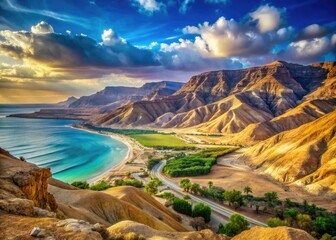 Naklejka premium Scenic View of Israel's Diverse Landscape Featuring Mountains, Desert, and Coastal Beauty