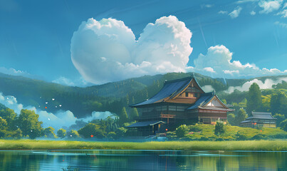 Fototapeta premium A beautiful Japanese house by the lake, a green grassy field, and a large heart-shaped cloud in the sky. The scene is a fantasy art style painting