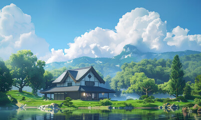 A beautiful Japanese house by the lake, a green grassy field, and a large heart-shaped cloud in the sky. The scene is a fantasy art style painting