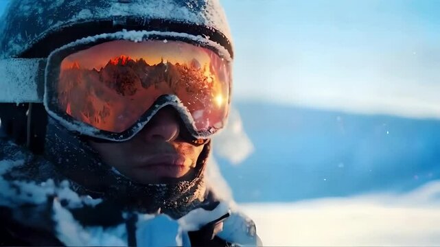 A man wearing goggles and a helmet is standing in the snow. The goggles are red and the helmet is black. The man is ready for a skiing adventure