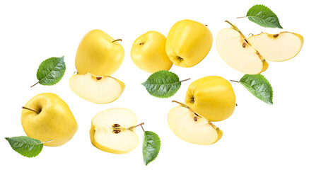 flying yellow apples with green leaf and slices isolated on a white background. clipping path