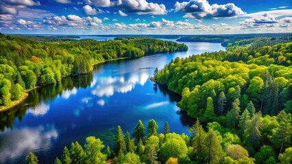 Fototapeta premium Scenic View of Michigan's Lush Green Forests and Tranquil Lakes Under a Clear Blue Sky
