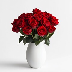 Fototapeta premium A bouquet of vibrant red roses in a white vase, mid-shot, with half of the vase visible, against a white background