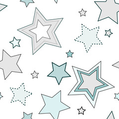 Gray and green stars seamless pattern. Cute cozy pattern on transparent background. Calm star background in pastel colors. Five-pointed stars.  Traditional design for decorating children's things.