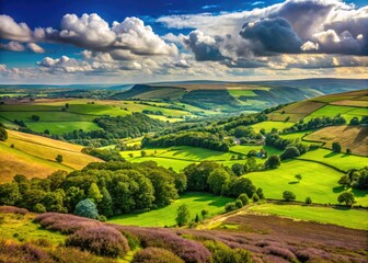 Obraz premium Scenic View of North York Moors National Park with Rolling Hills, Green Fields and Blue Sky