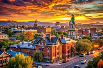 Obraz premium Scenic View of Pendleton City with Historic Architecture and Vibrant Urban Atmosphere at Sunset