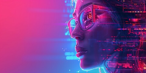 Futuristic young woman software coding data analytics programmer engineer digital science and cyber security through a tablet and hologram AI glasses Neon modern bold background. Generative AI