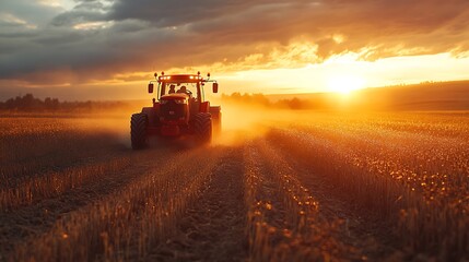 Fototapeta premium Red tractor driving through a field at sunset.