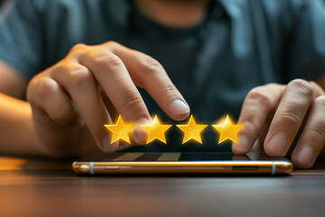 Customer review concept. Businessman hand using smart phone with four star rating. Generative AI